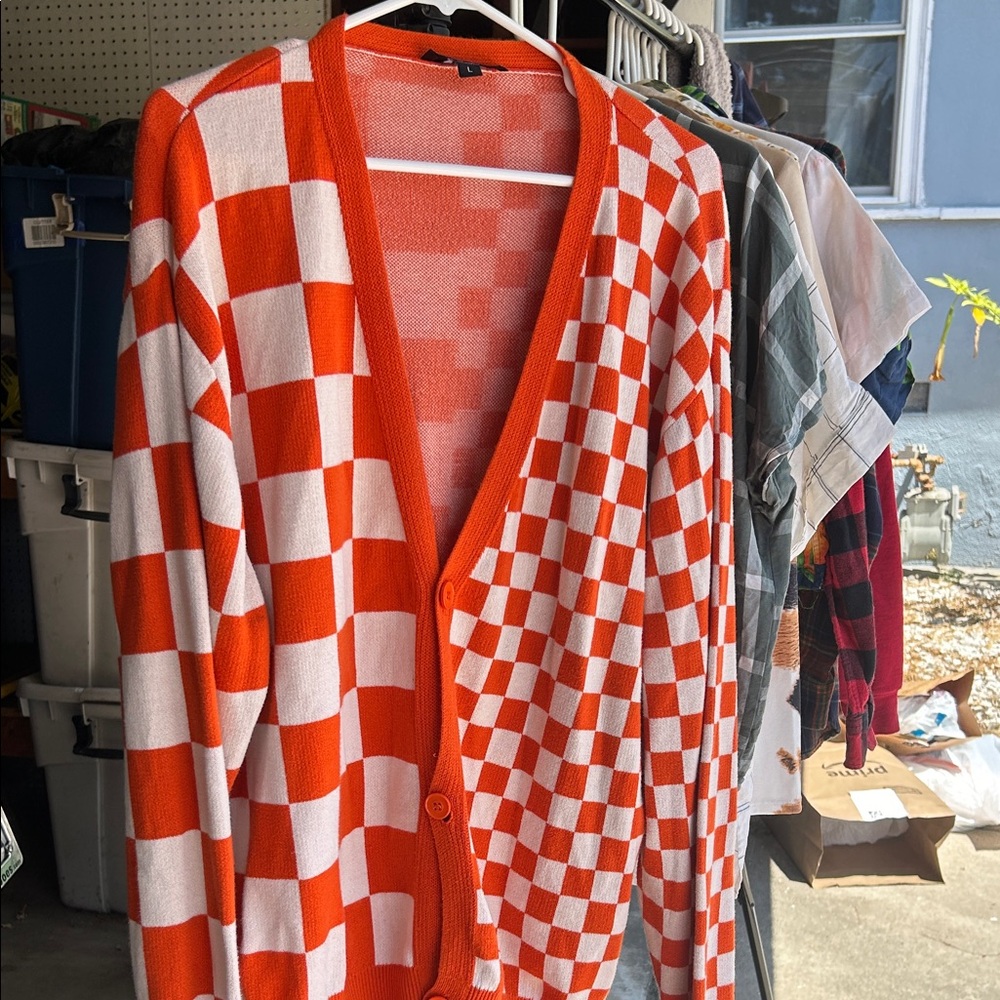 Boohoo Orange and White Checkered Cardigan
